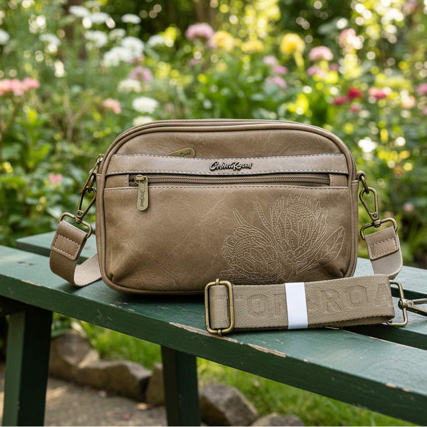  Cotton Road Sling Bag: KHAKI Protea PU Leather Crossbody Bag with Branded Strap HERO