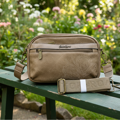  Cotton Road Sling Bag: KHAKI Protea PU Leather Crossbody Bag with Branded Strap HERO
