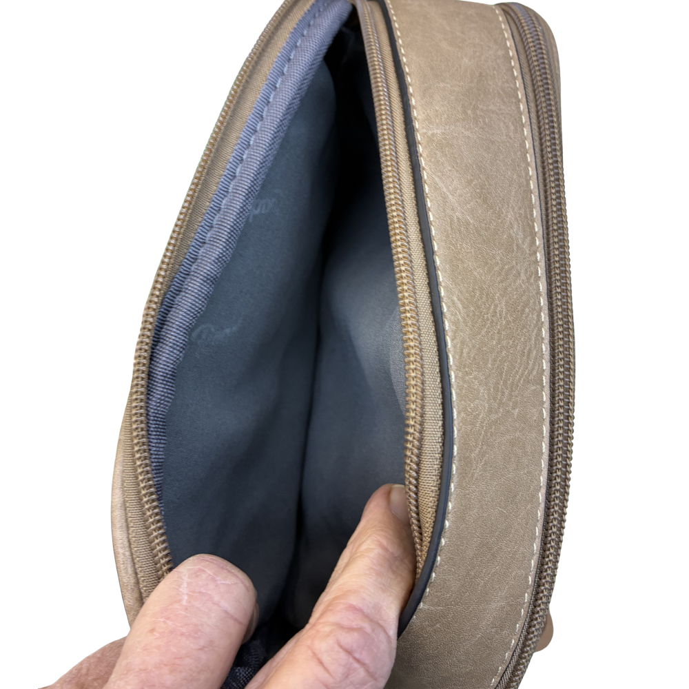Cotton Road Sling Bag: KHAKI Protea PU Leather Crossbody Bag with Branded Strap OPEN ZIP
