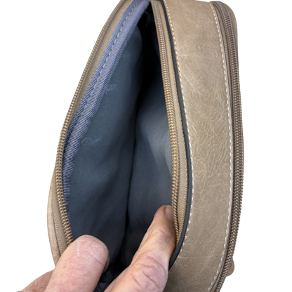 Cotton Road Sling Bag: KHAKI Protea PU Leather Crossbody Bag with Branded Strap OPEN ZIP