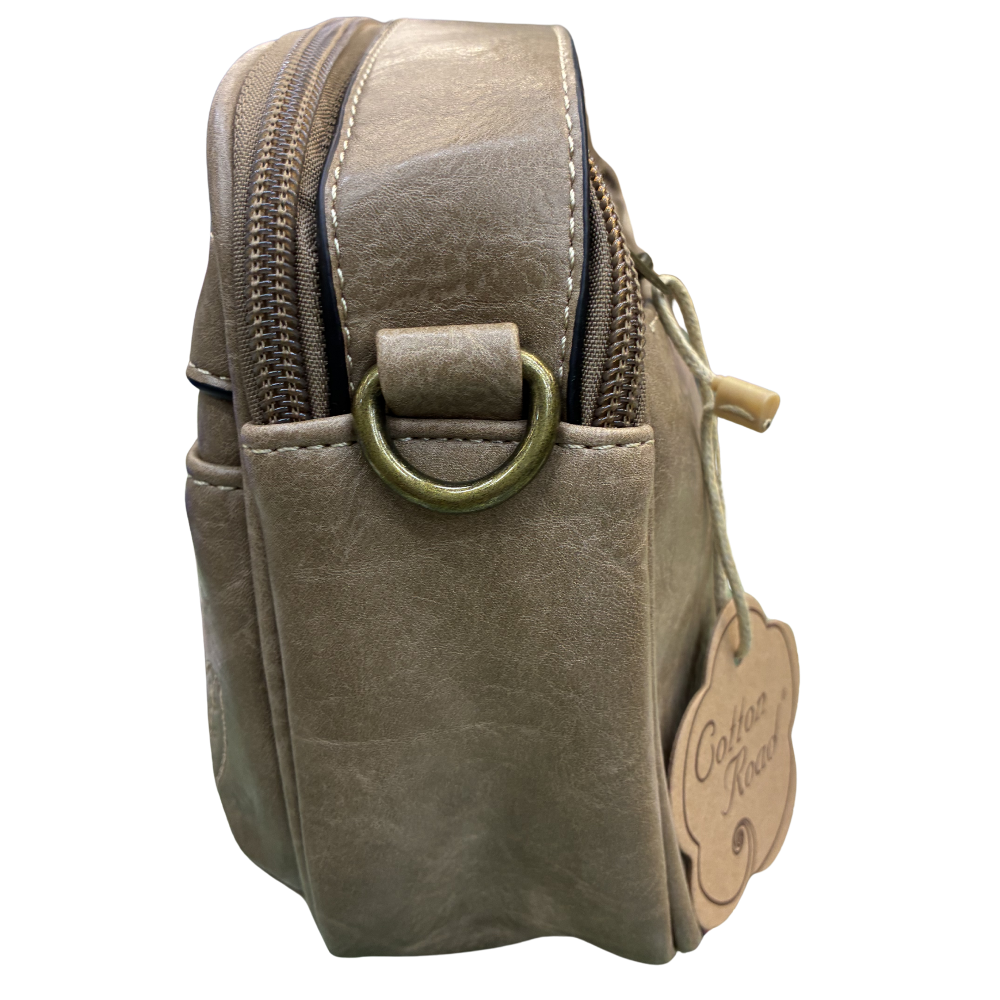 Cotton Road Sling Bag: KHAKI Protea PU Leather Crossbody Bag with Branded Strap SIDE