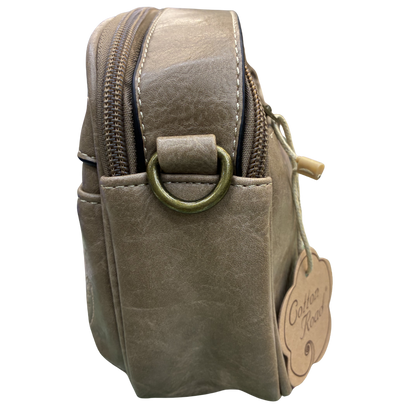 Cotton Road Sling Bag: KHAKI Protea PU Leather Crossbody Bag with Branded Strap SIDE
