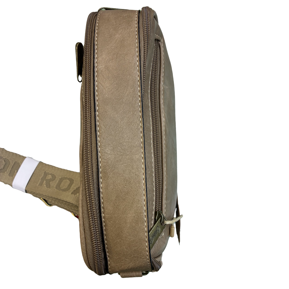 Cotton Road Sling Bag: KHAKI Protea PU Leather Crossbody Bag with Branded Strap TOP