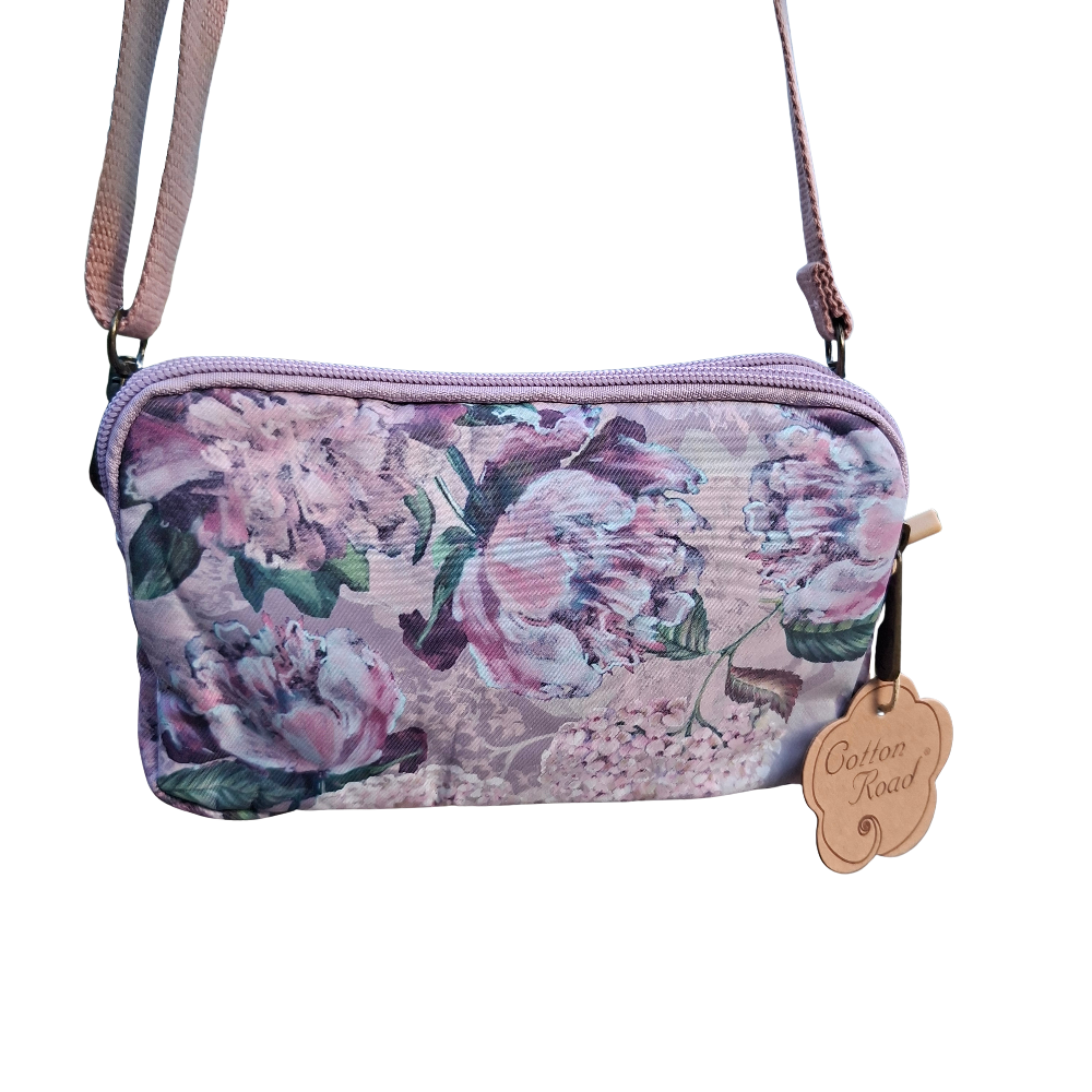 Cotton Road Sling Bag: LILAC FLORAL Canvas Mini Sling Bag back view