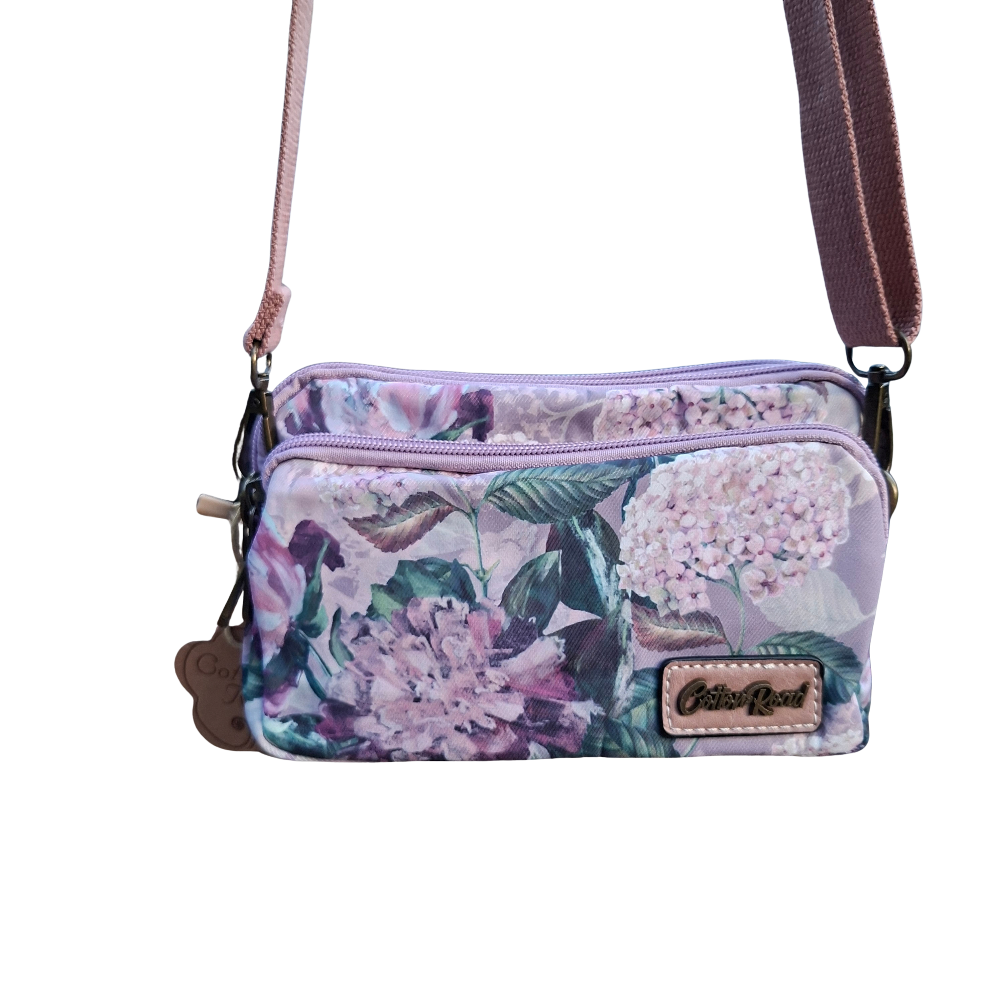 Cotton Road Sling Bag: LILAC FLORAL Canvas Mini Sling Bag hanging