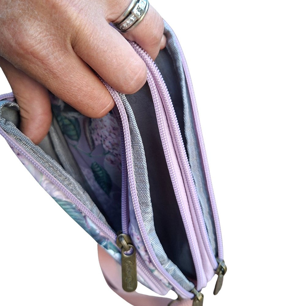 Cotton Road Sling Bag: LILAC FLORAL Canvas Mini Sling Bag open zip views
