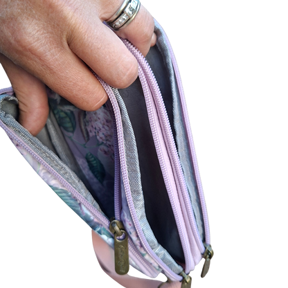 Cotton Road Sling Bag: LILAC FLORAL Canvas Mini Sling Bag open zip views