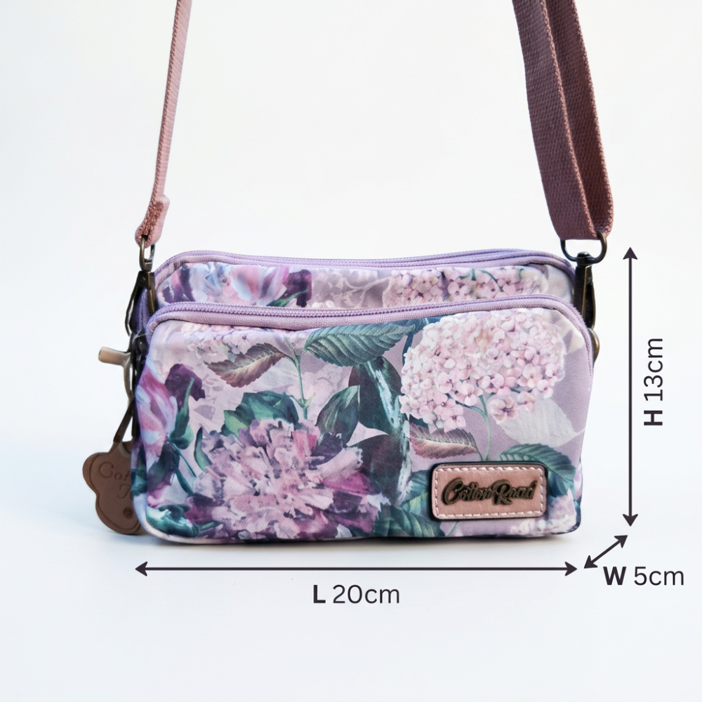 Cotton Road Sling Bag: LILAC FLORAL Canvas Mini Sling Bag sized