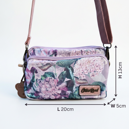 Cotton Road Sling Bag: LILAC FLORAL Canvas Mini Sling Bag sized