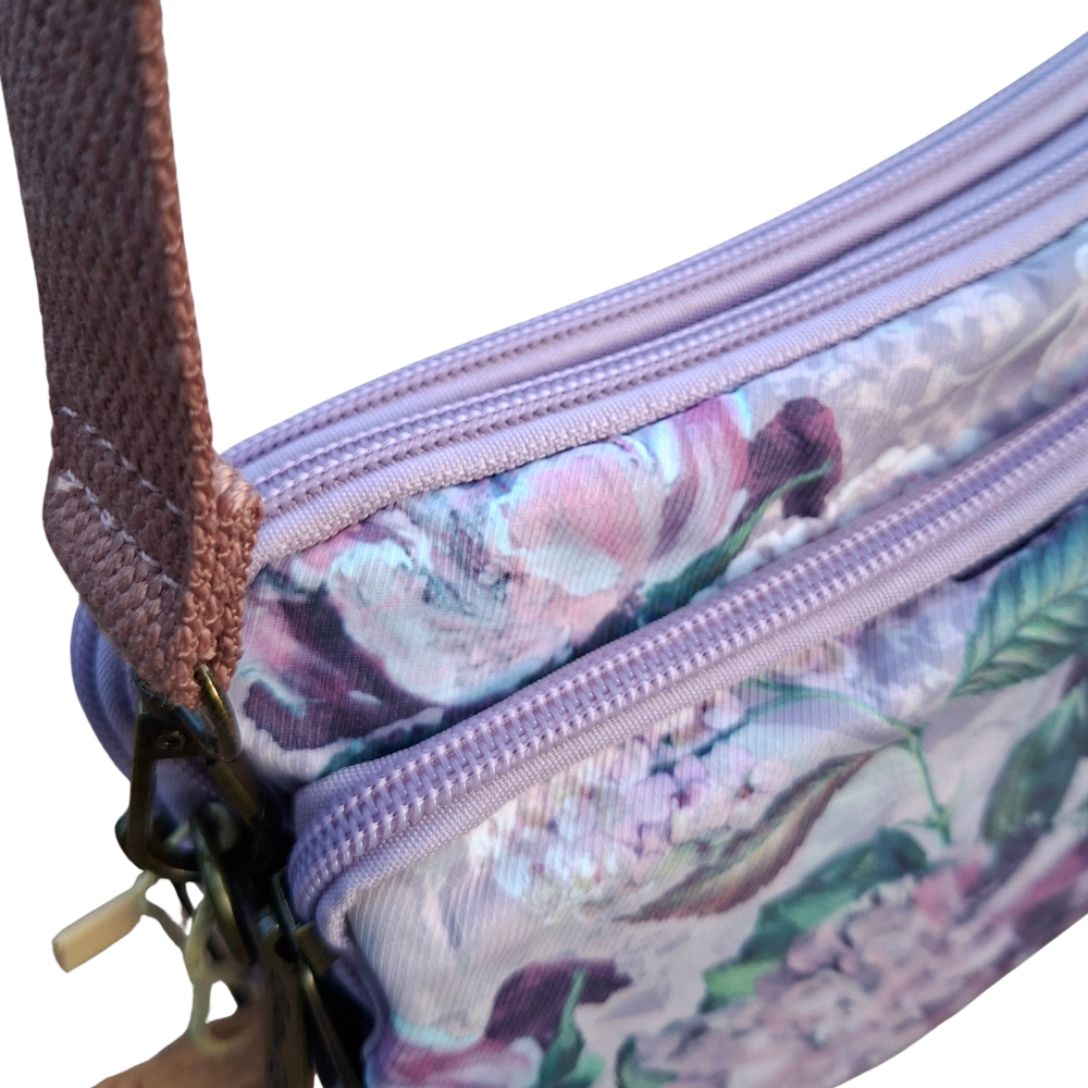 Cotton Road Sling Bag: LILAC FLORAL Canvas Mini Sling Bag top zips closed