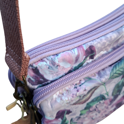 Cotton Road Sling Bag: LILAC FLORAL Canvas Mini Sling Bag top zips closed