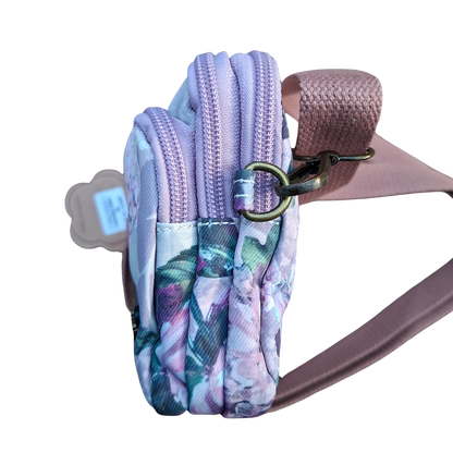 Cotton Road Sling Bag: LILAC FLORAL Canvas Mini Sling Bag top zips side