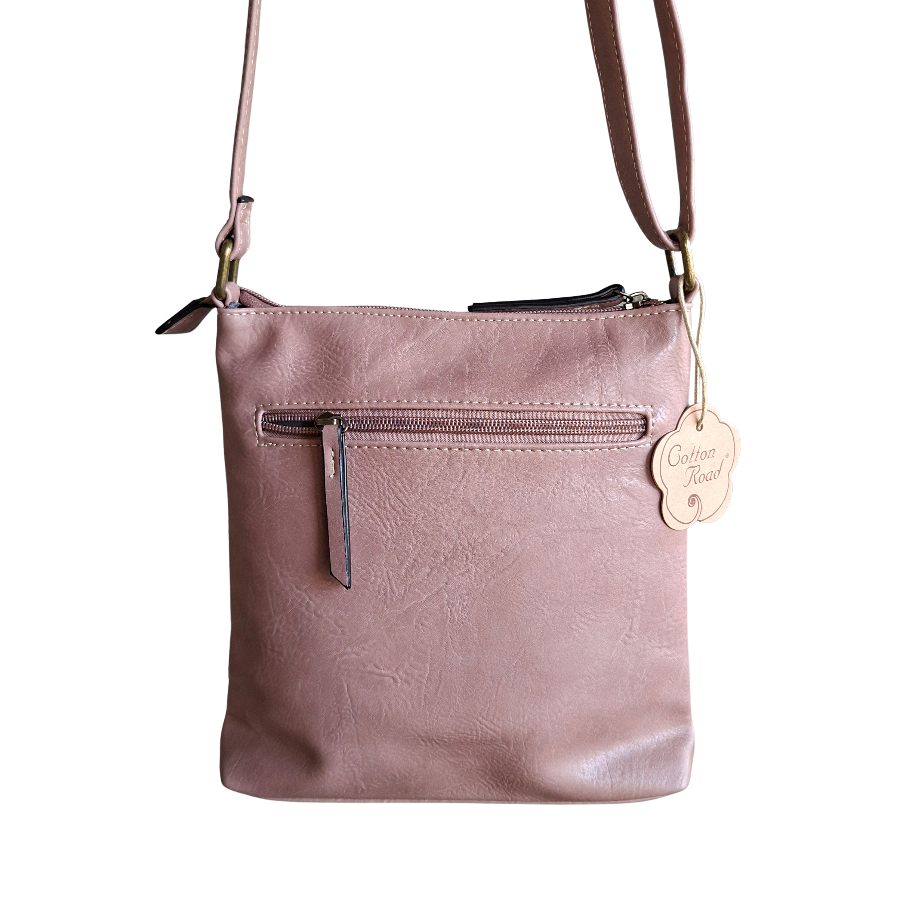 Cotton Road Sling Bag: PINK PU Leather with Metal Zips BACK VIEW