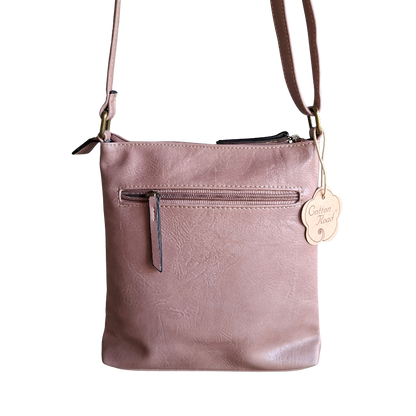 Cotton Road Sling Bag: PINK PU Leather with Metal Zips BACK VIEW