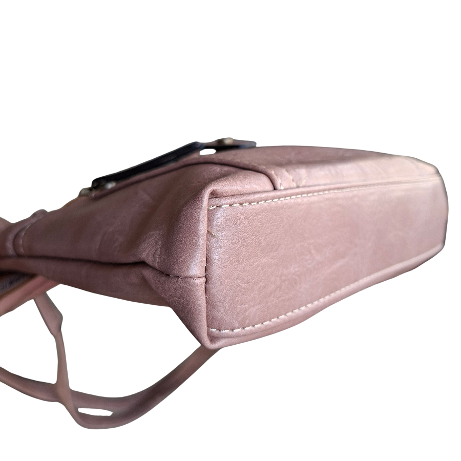 Cotton Road Sling Bag: PINK PU Leather with Metal Zips BOTTOM