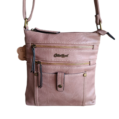 Cotton Road Sling Bag: PINK PU Leather with Metal Zips FRONT