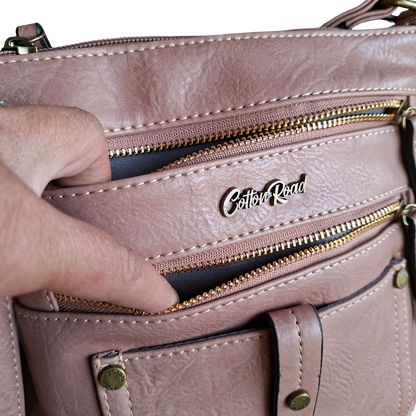 Cotton Road Sling Bag: PINK PU Leather with Metal Zips FRONT POCKETS ZIPS OPEN