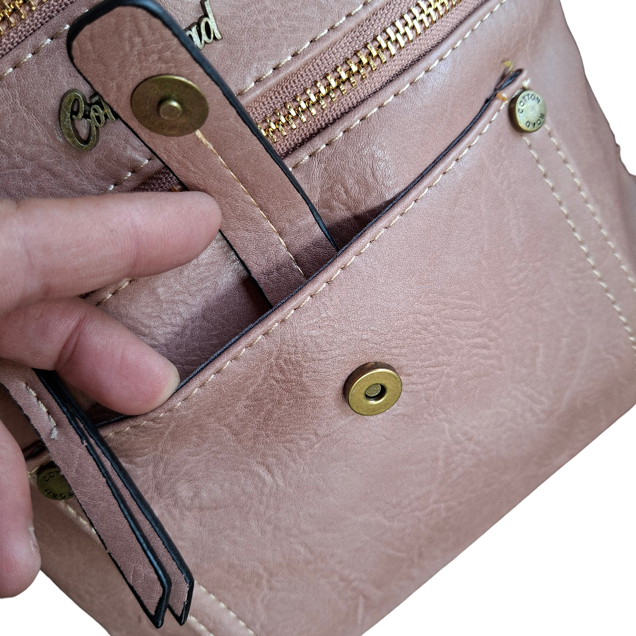 Cotton Road Sling Bag: PINK PU Leather with Metal Zips FRONT POCKET OPEN