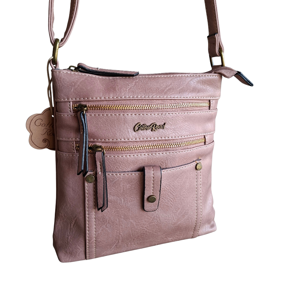 Cotton Road Sling Bag: PINK PU Leather with Metal Zips FRONT VIEW