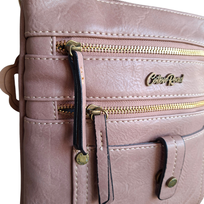 Cotton Road Sling Bag: PINK PU Leather with Metal Zips FRONT ZOOM