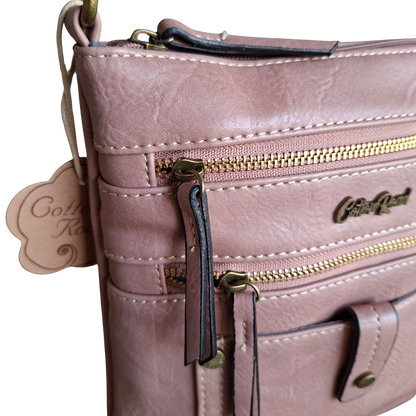 Cotton Road Sling Bag: PINK PU Leather with Metal Zips FRONT ZOOM VIEW