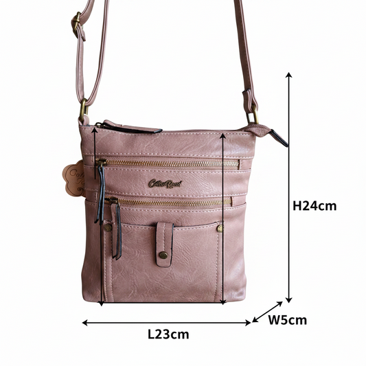 Cotton Road Sling Bag: PINK PU Leather with Metal Zips