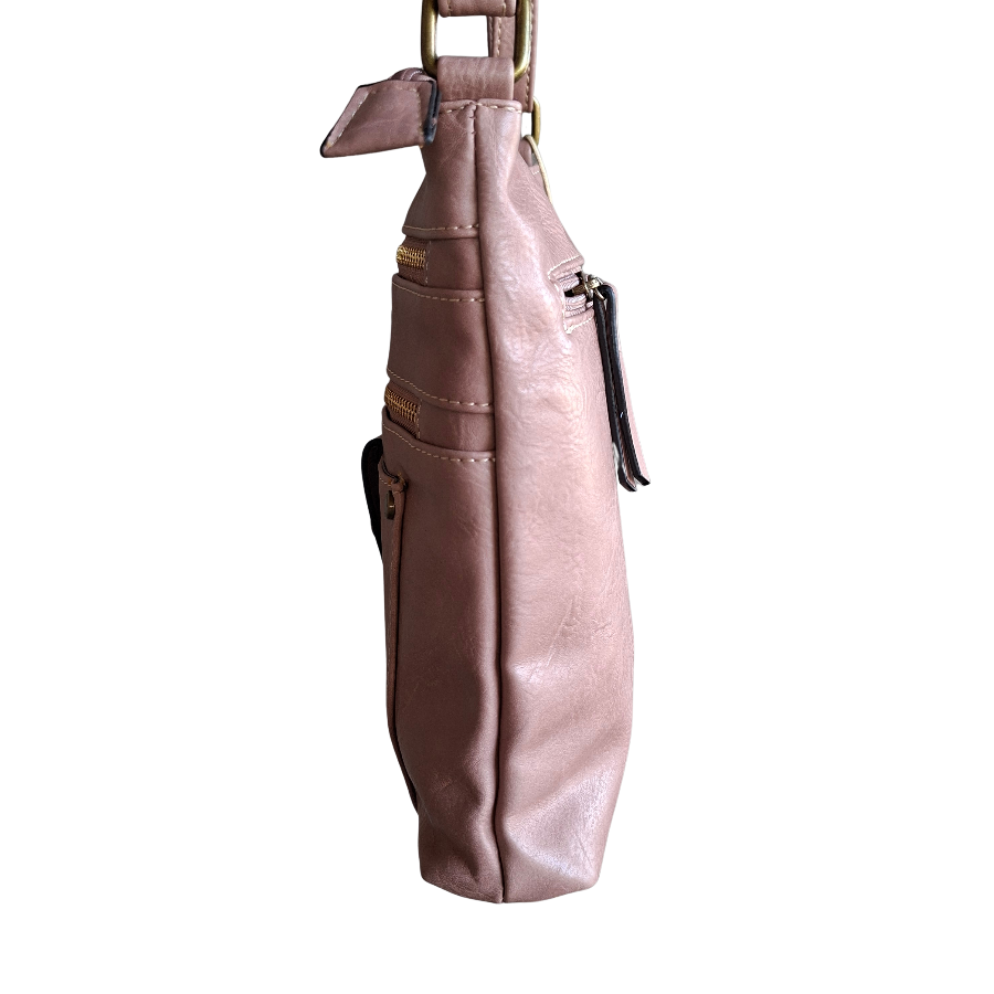 Cotton Road Sling Bag: PINK PU Leather with Metal Zips SIDE VIEW