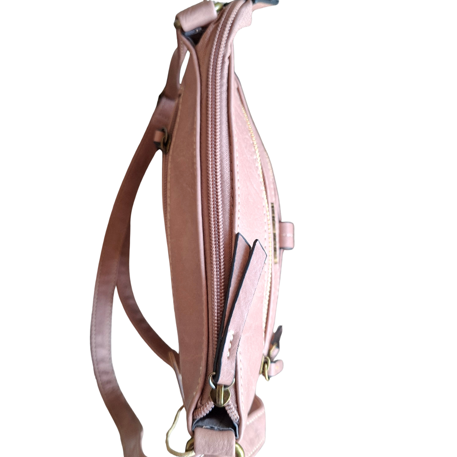 Cotton Road Sling Bag: PINK PU Leather with Metal Zips TOP VIEW
