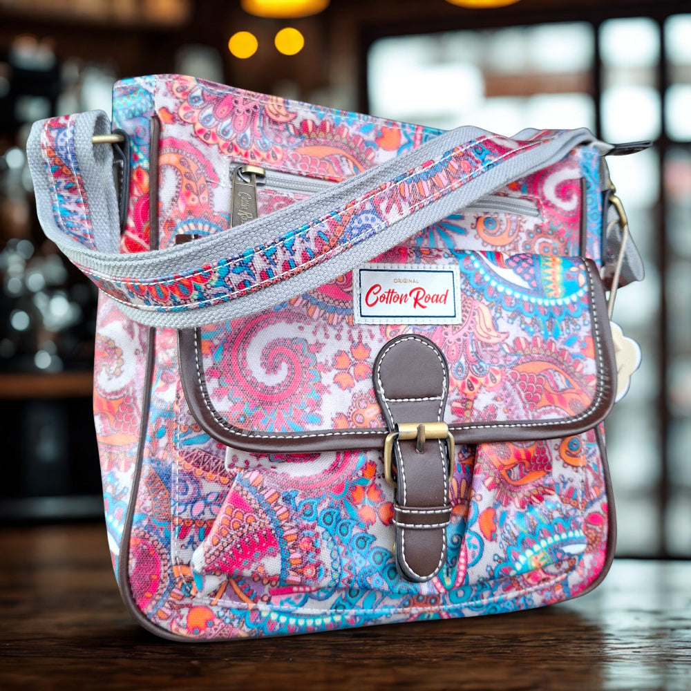 Cotton Road Sling Bag: PINK Vibrant PAISLEY PVC Crossbody Bag