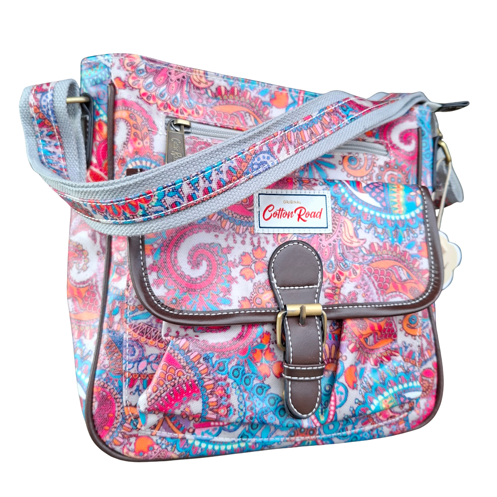 Cotton Road Sling Bag: PINK Vibrant PAISLEY PVC Crossbody Bag 