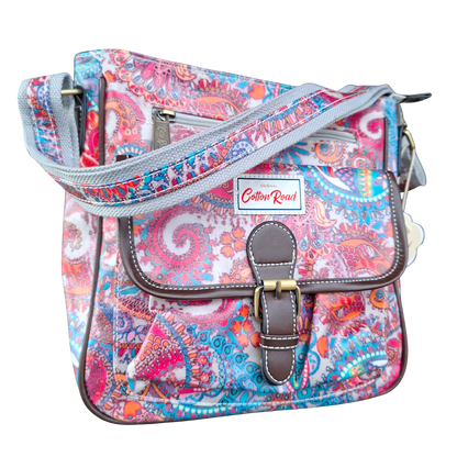 Cotton Road Sling Bag: PINK Vibrant PAISLEY PVC Crossbody Bag 