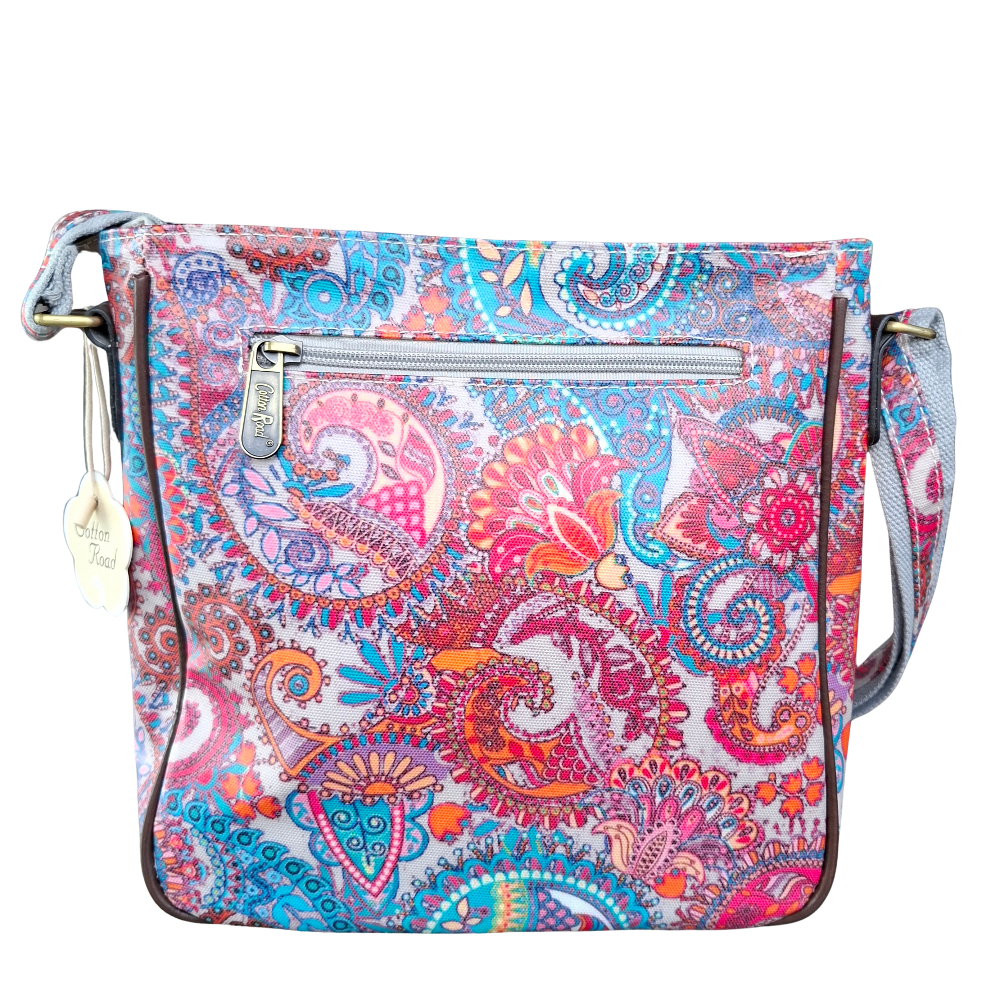 Cotton Road Sling Bag: PINK Vibrant PAISLEY PVC Crossbody Bag BACK