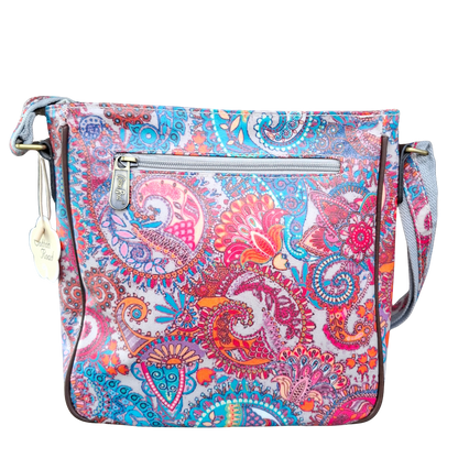 Cotton Road Sling Bag: PINK Vibrant PAISLEY PVC Crossbody Bag BACK