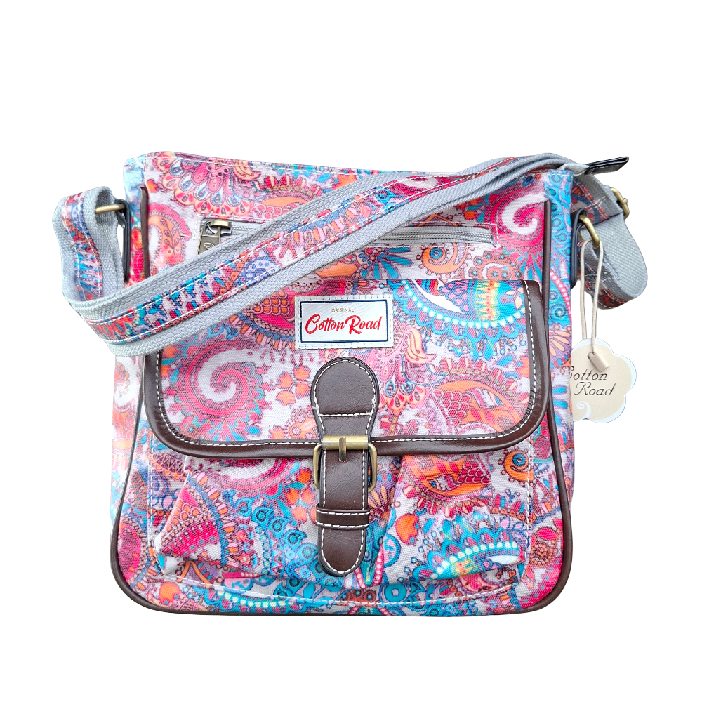 Cotton Road Sling Bag: PINK Vibrant PAISLEY PVC Crossbody Bag FRONT