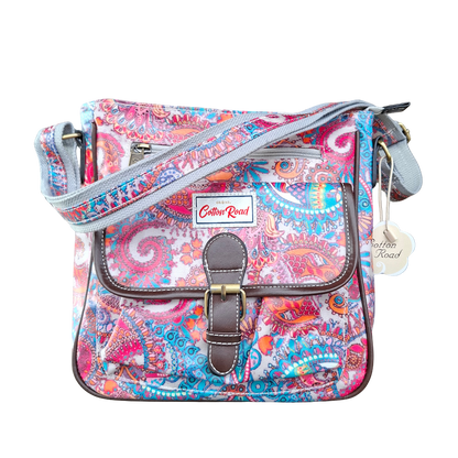 Cotton Road Sling Bag: PINK Vibrant PAISLEY PVC Crossbody Bag FRONT