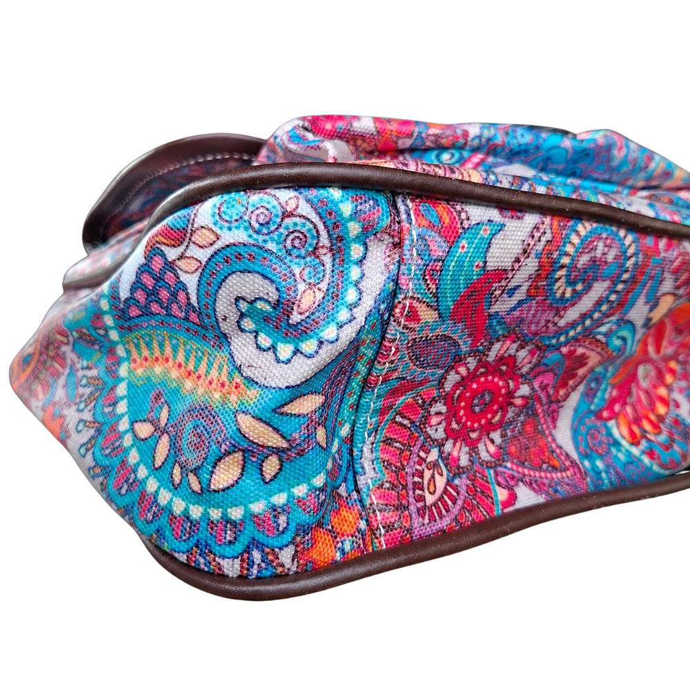 Cotton Road Sling Bag: PINK Vibrant PAISLEY PVC Crossbody Bag FRONT POCKET  DETAIL