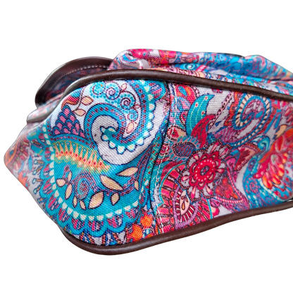 Cotton Road Sling Bag: PINK Vibrant PAISLEY PVC Crossbody Bag FRONT POCKET  DETAIL