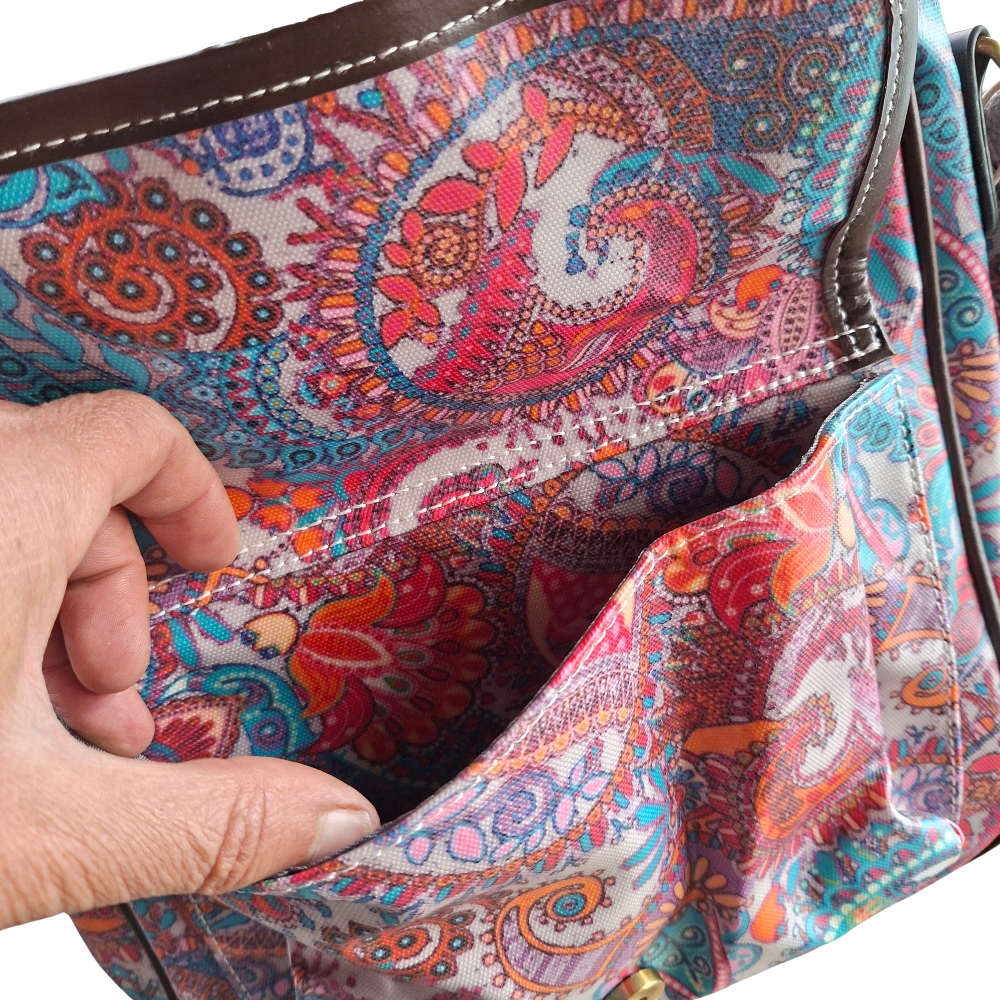 Cotton Road Sling Bag: PINK Vibrant PAISLEY PVC Crossbody Bag FRONT POCKET OPEN
