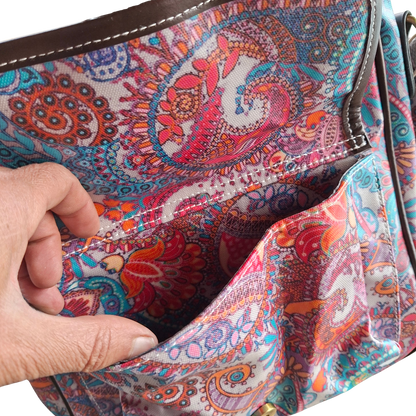 Cotton Road Sling Bag: PINK Vibrant PAISLEY PVC Crossbody Bag FRONT POCKET OPEN