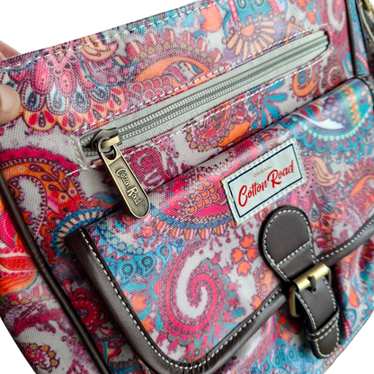 Cotton Road Sling Bag: PINK Vibrant PAISLEY PVC Crossbody Bag FRONT POCKET ZOOM
