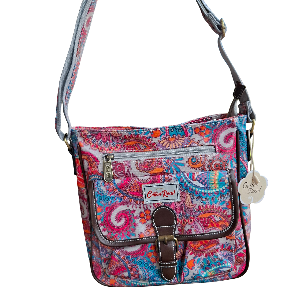 Cotton Road Sling Bag: PINK Vibrant PAISLEY PVC Crossbody Bag HANGING