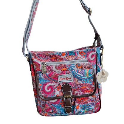 Cotton Road Sling Bag: PINK Vibrant PAISLEY PVC Crossbody Bag HANGING