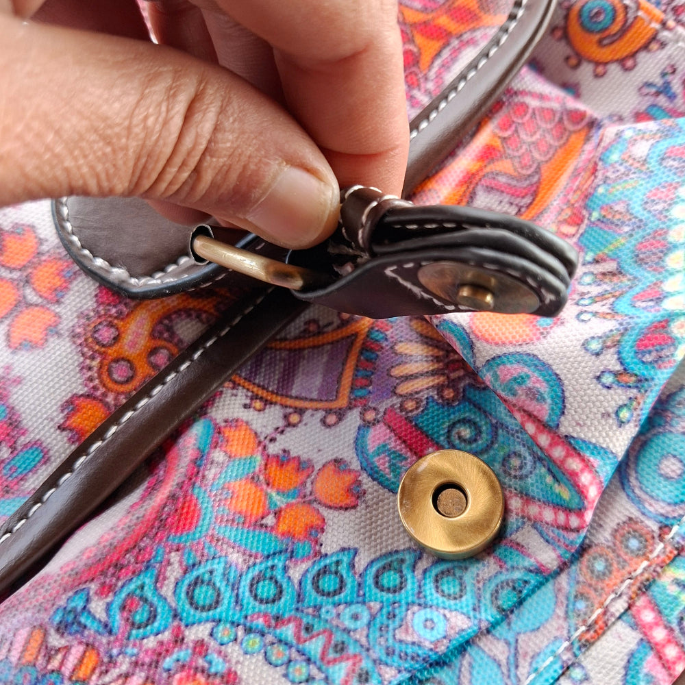 Cotton Road Sling Bag: PINK Vibrant PAISLEY PVC Crossbody Bag MAGNETIC CLIP