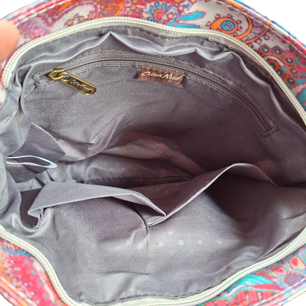 Cotton Road Sling Bag: PINK Vibrant PAISLEY PVC Crossbody Bag OPEN 