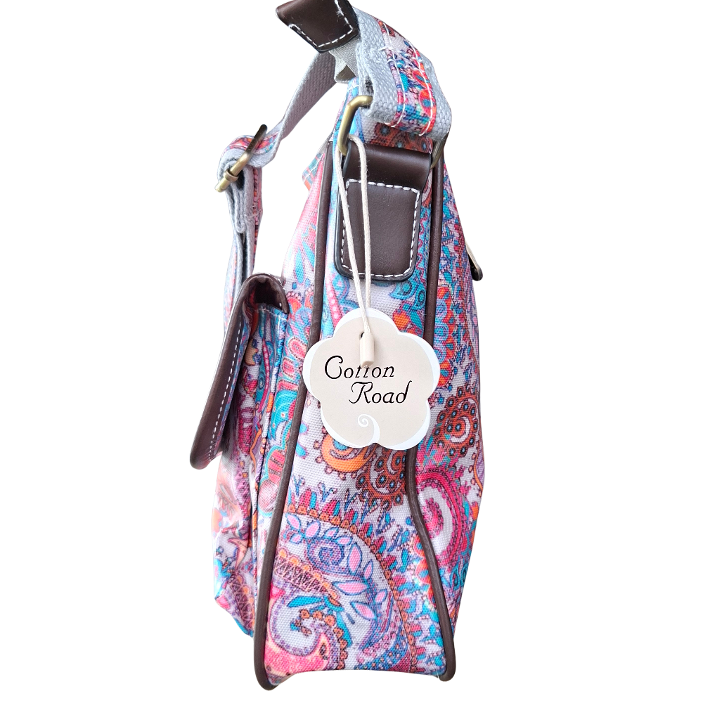 Cotton Road Sling Bag: PINK Vibrant PAISLEY PVC Crossbody Bag SIDE