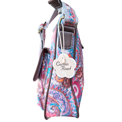 Cotton Road Sling Bag: PINK Vibrant PAISLEY PVC Crossbody Bag SIDE
