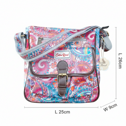 Cotton Road Sling Bag: PINK Vibrant PAISLEY PVC Crossbody Bag SIZE