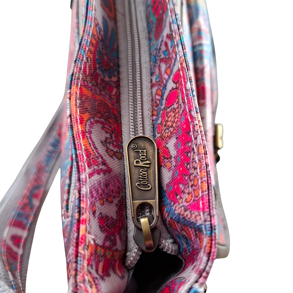 Cotton Road Sling Bag: PINK Vibrant PAISLEY PVC Crossbody Bag TOP ZIP