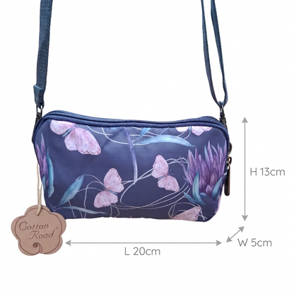 Cotton Road Sling Bag: PURPLE Canvas Mini Sling with Butterfly Motif