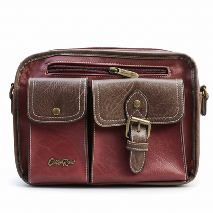 Cotton Road Sling Bag: RED PU Leather Bag with BROWN Trim and Buckle detailing